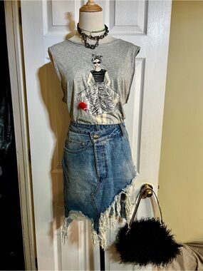 Wms Distressed Blue Cotton Denim Frayed Asymmetric Crossover Waist Mini Skirt L